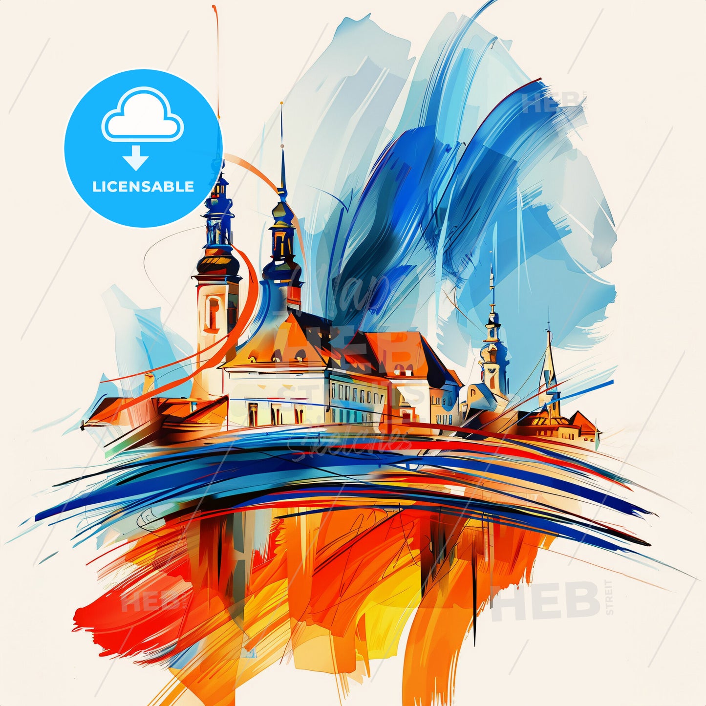 Vibrant Oberhausen, Germany - A Painting Of A Building With Towers And A Colorful Background