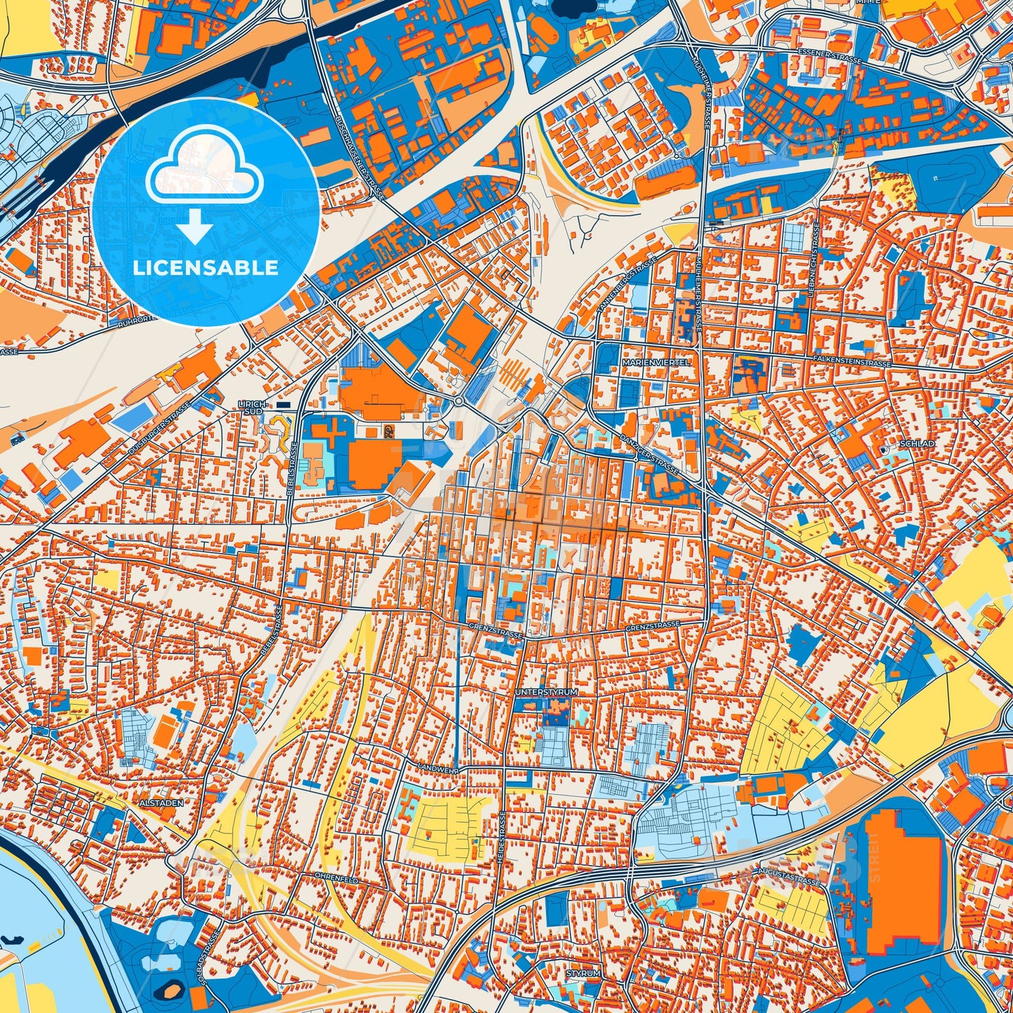 Colorful Oberhausen Street Map with Labels and Buildings