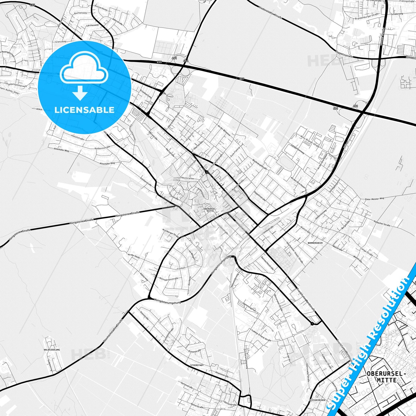 Oberursel (Taunus), Germany Light Map with Street Names, City Names, and Districts