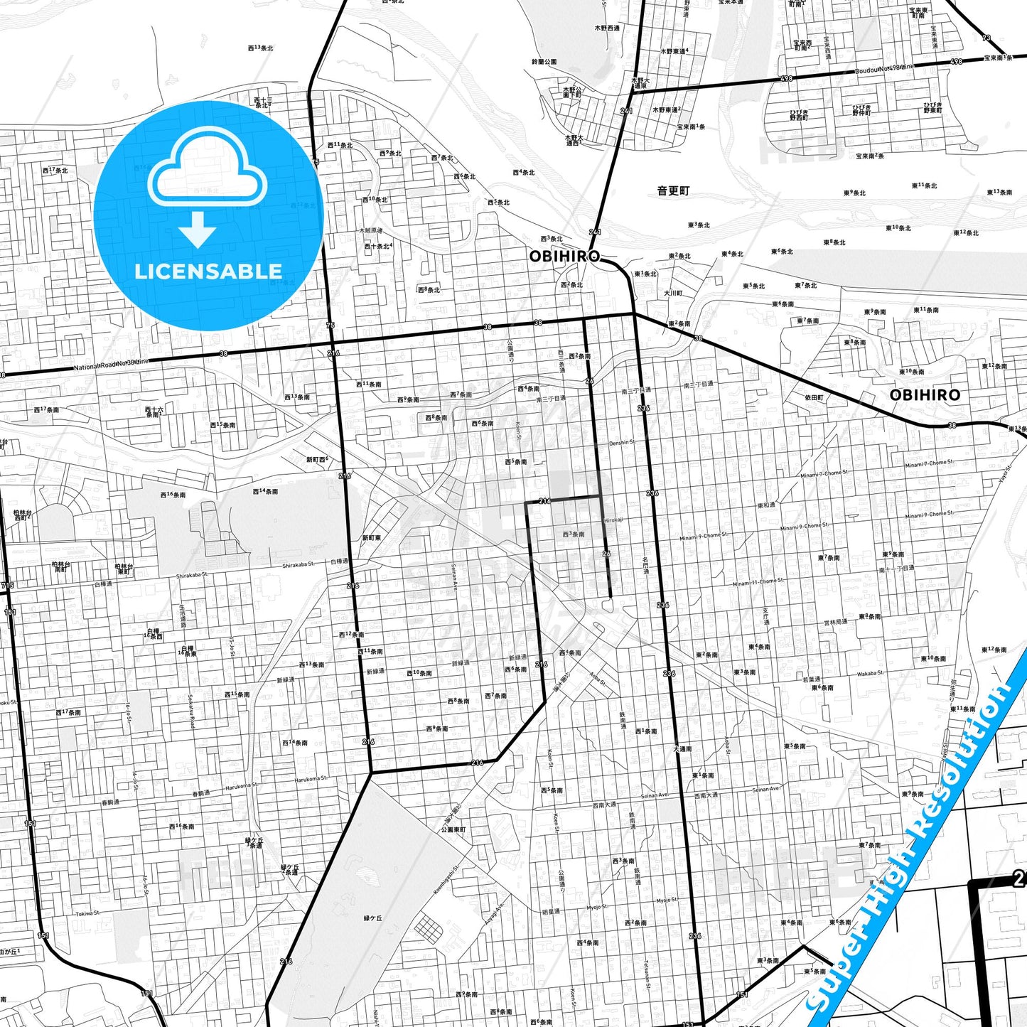 Obihiro, Japan Light Map with Street Names, City Names, and Districts