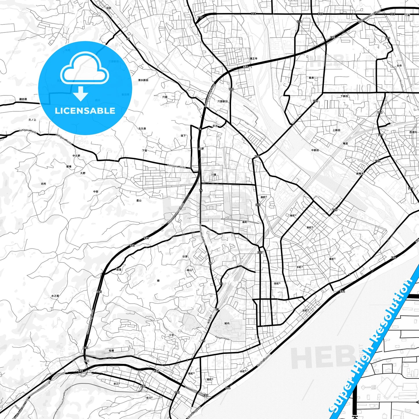 Odawara, Japan Light Map with Street Names, City Names, and Districts