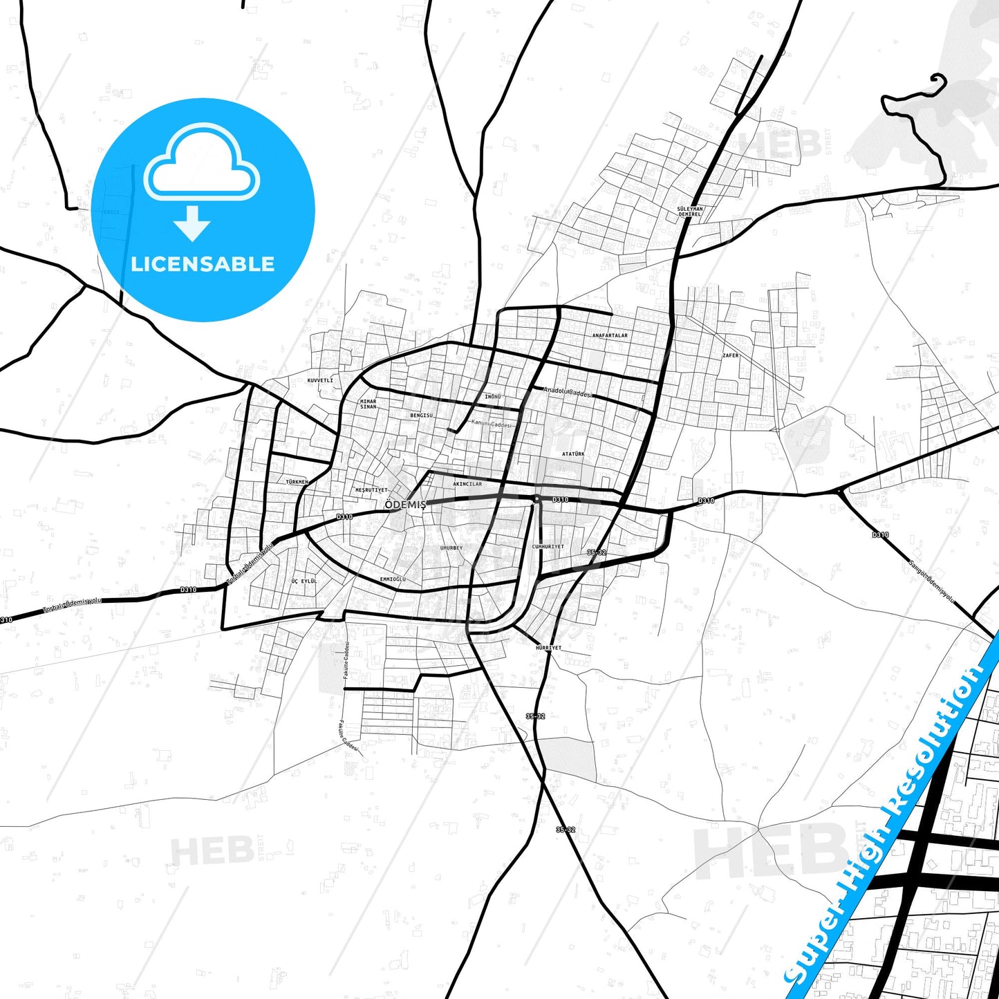 Ödemiş, Turkey Light Map with Street Names, City Names, and Districts