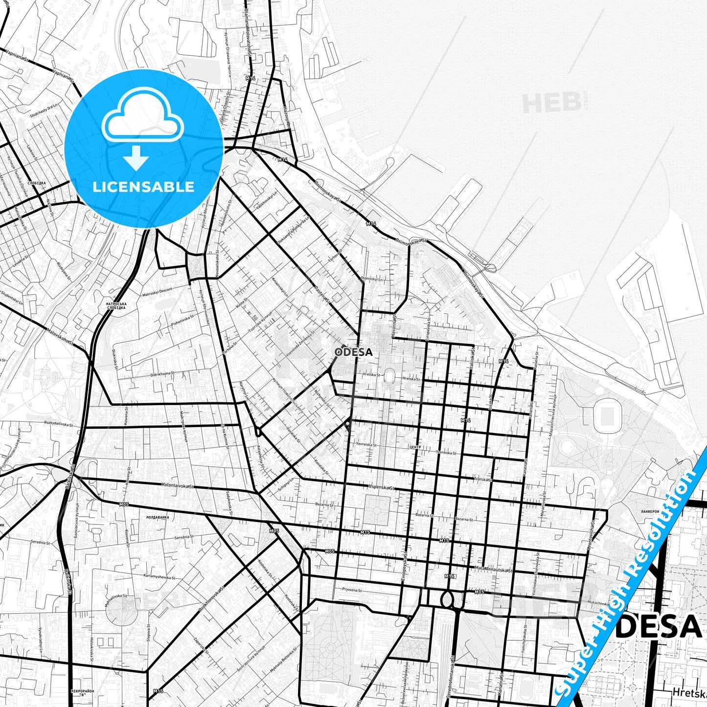 Odessa, Ukraine Light Map with Street Names, City Names, and Districts