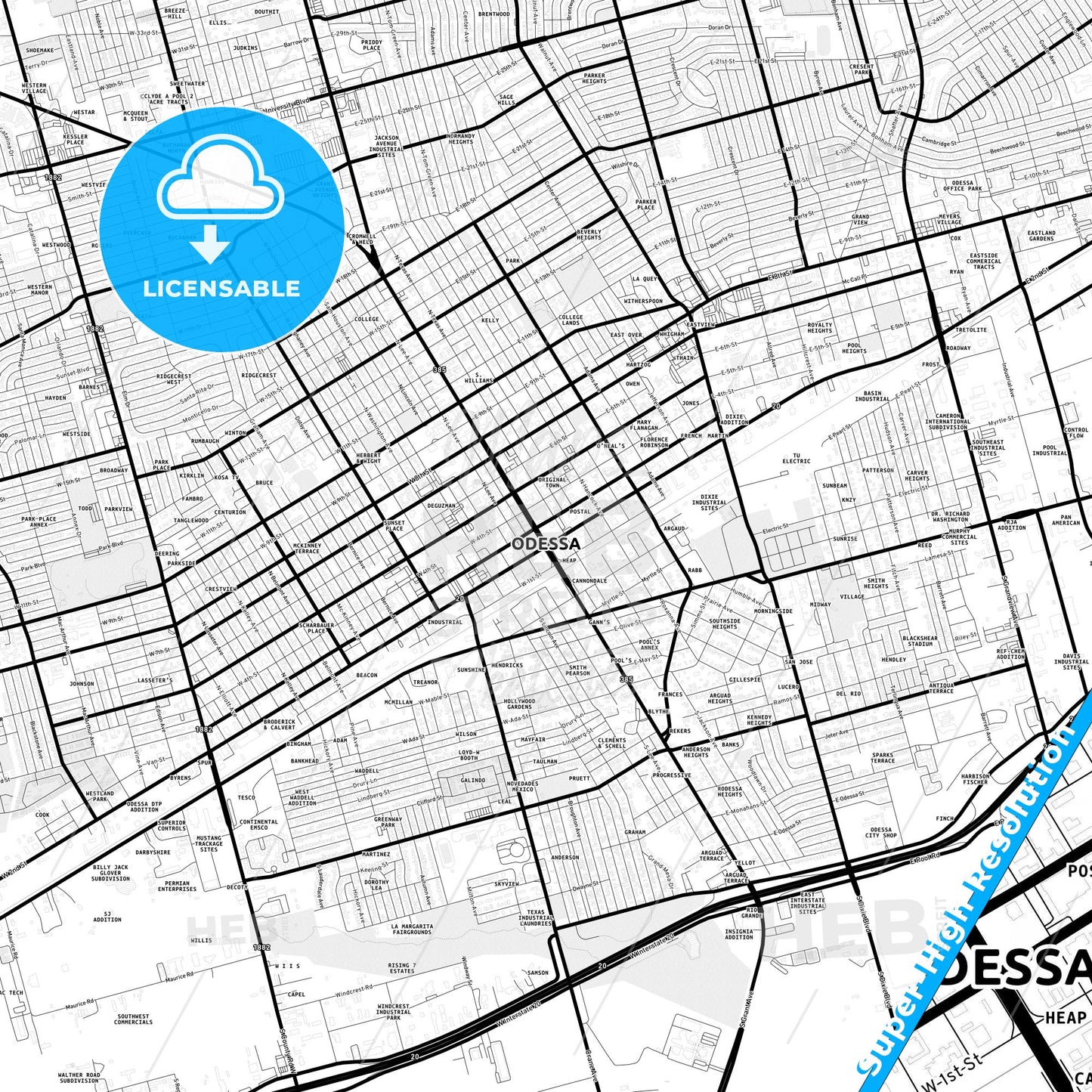 Odessa, Texas Light Map with Street Names, City Names, and Districts