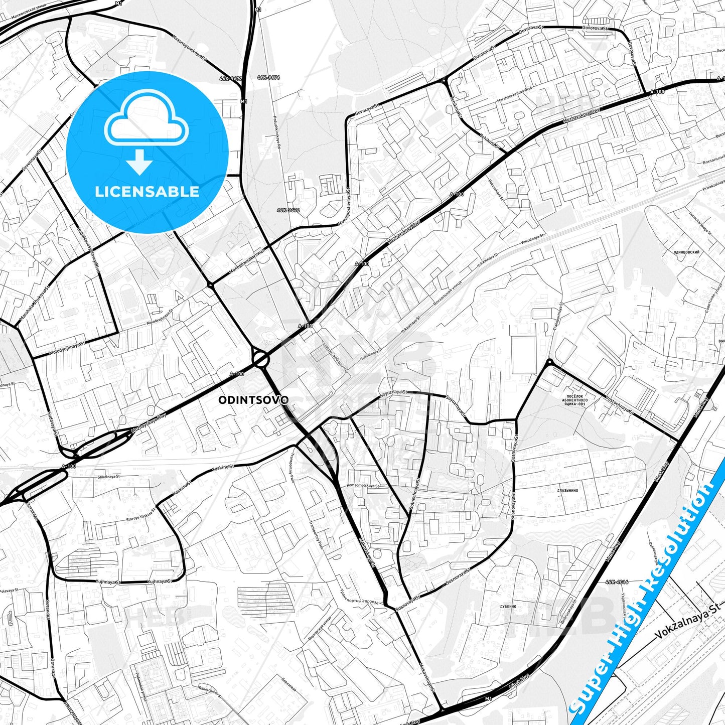 Odintsovo, Russia Light Map with Street Names, City Names, and Districts