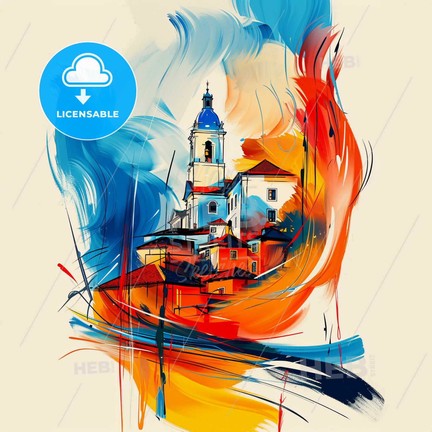 Vibrant Odivelas, Portugal - A Painting Of A Building With A Bell Tower