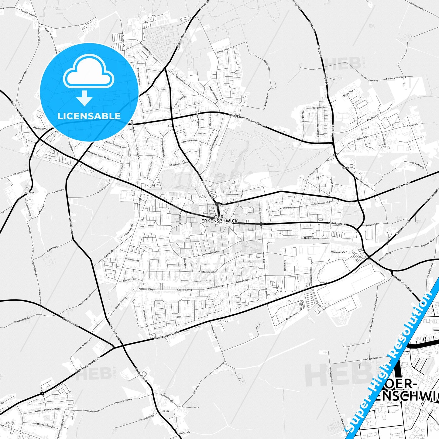Oer-Erkenschwick, Germany Light Map with Street Names, City Names, and Districts