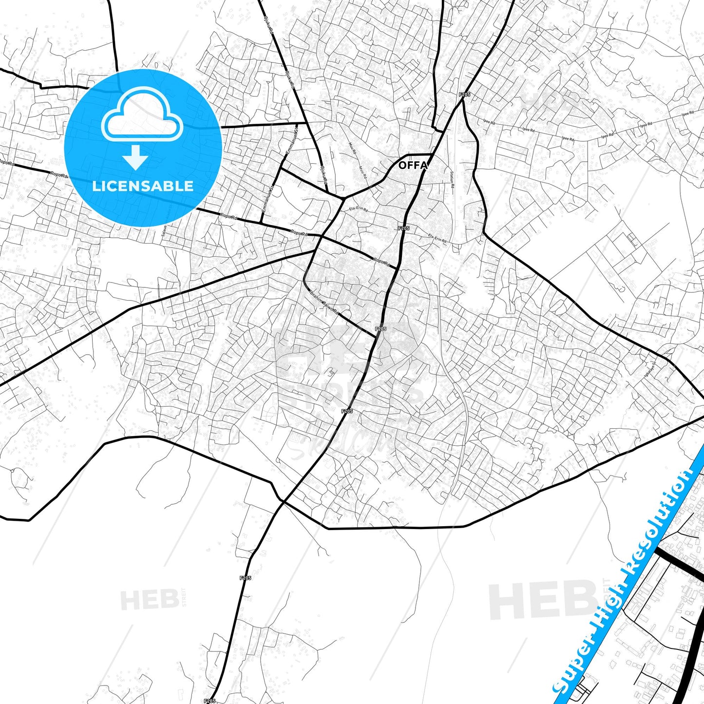Offa, Nigeria Light Map with Street Names, City Names, and Districts