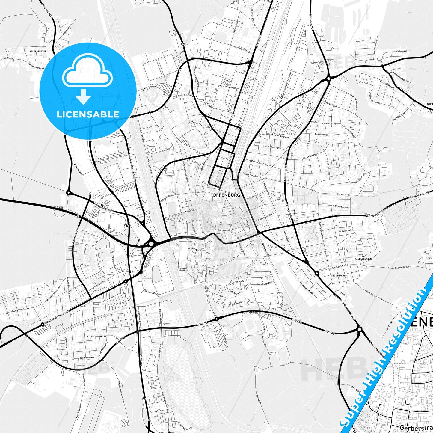 Offenburg, Germany Light Map with Street Names, City Names, and Districts