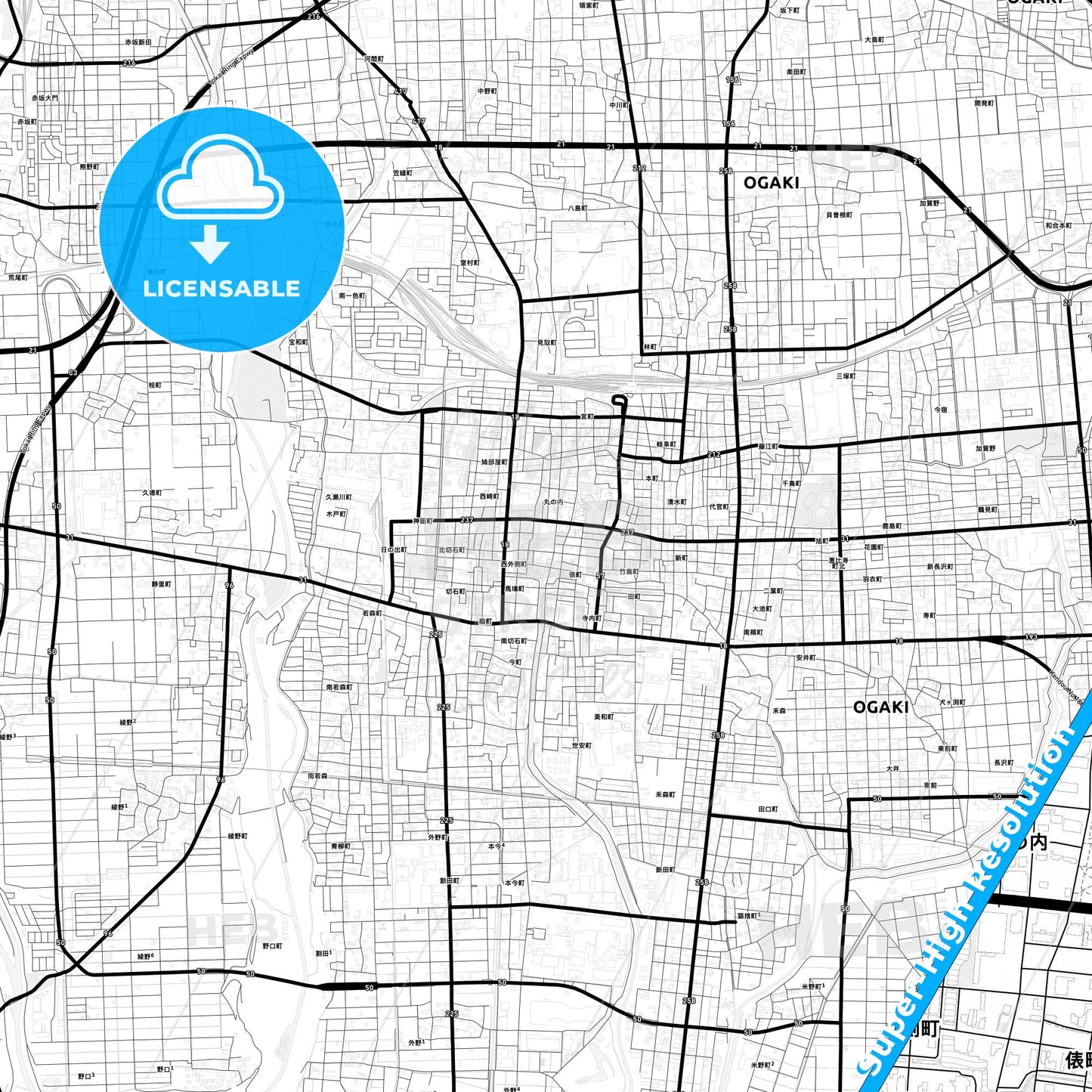 Ōgaki, Japan Light Map with Street Names, City Names, and Districts