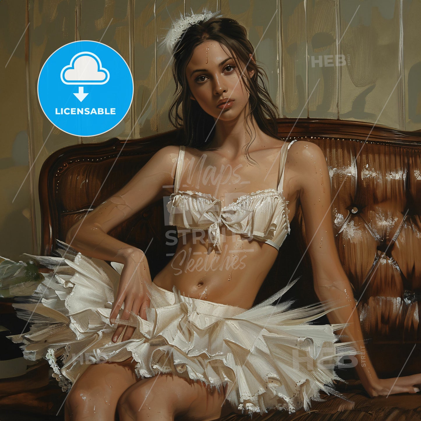 Oil Painting Of Ballerina In White Tutu Sitting On Sofa - A Woman In A White Dress Sitting On A Leather Couch