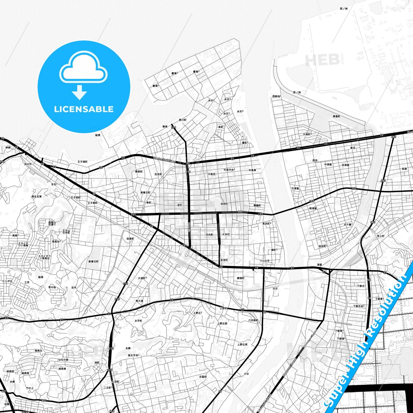 Ōita, Japan Light Map with Street Names, City Names, and Districts