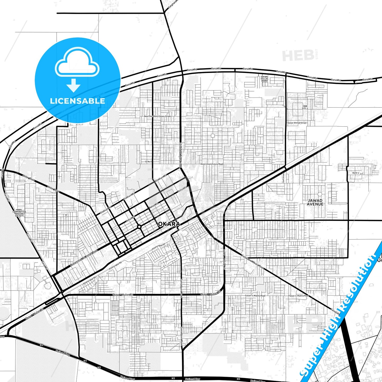 Okara, Pakistan Light Map with Street Names, City Names, and Districts