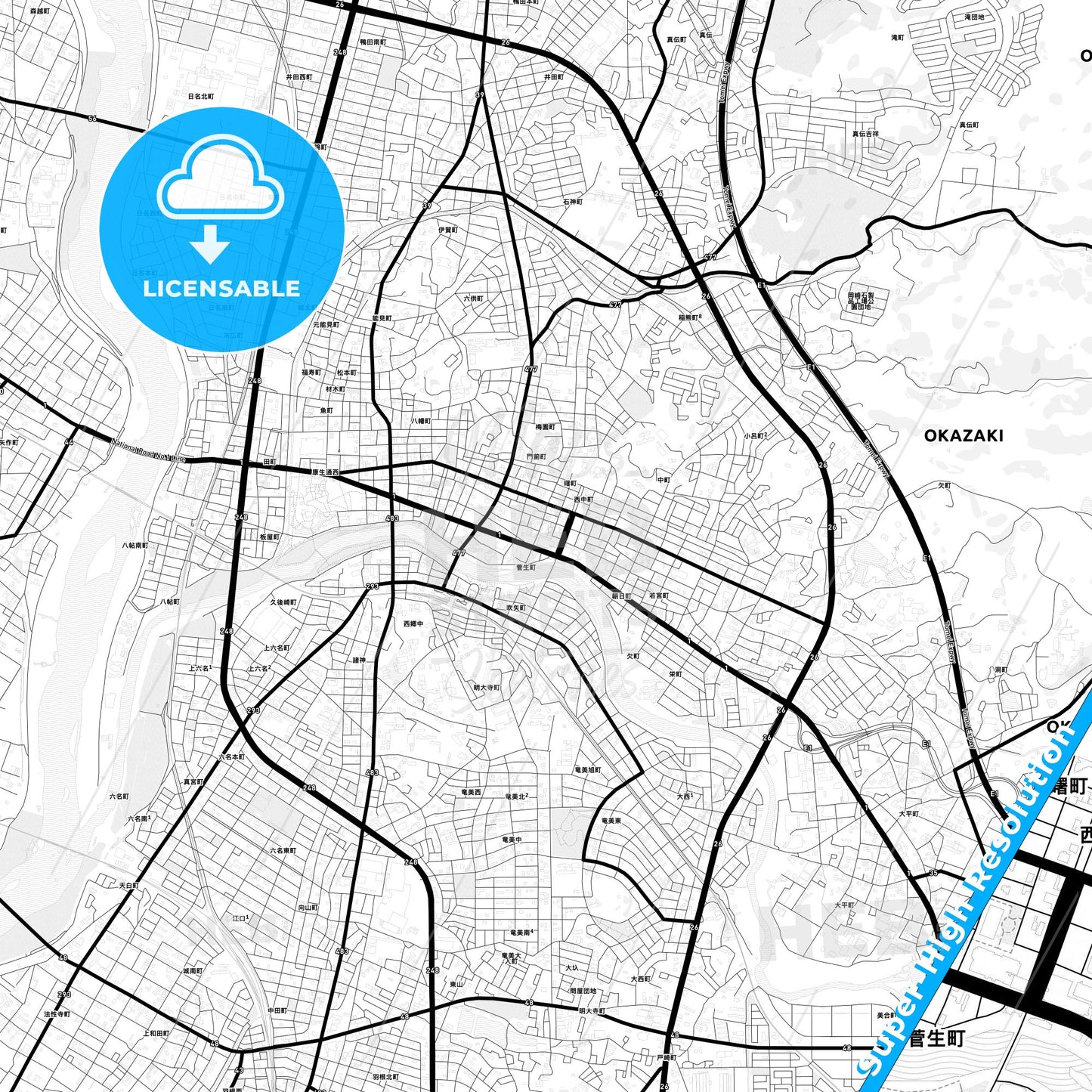 Okazaki, Japan Light Map with Street Names, City Names, and Districts