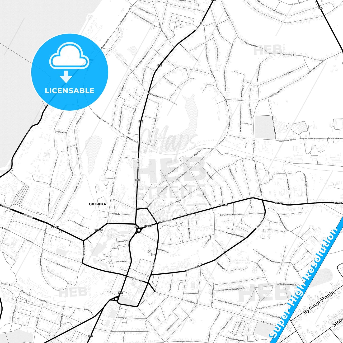 Okhtyrka, Ukraine Light Map with Street Names, City Names, and Districts