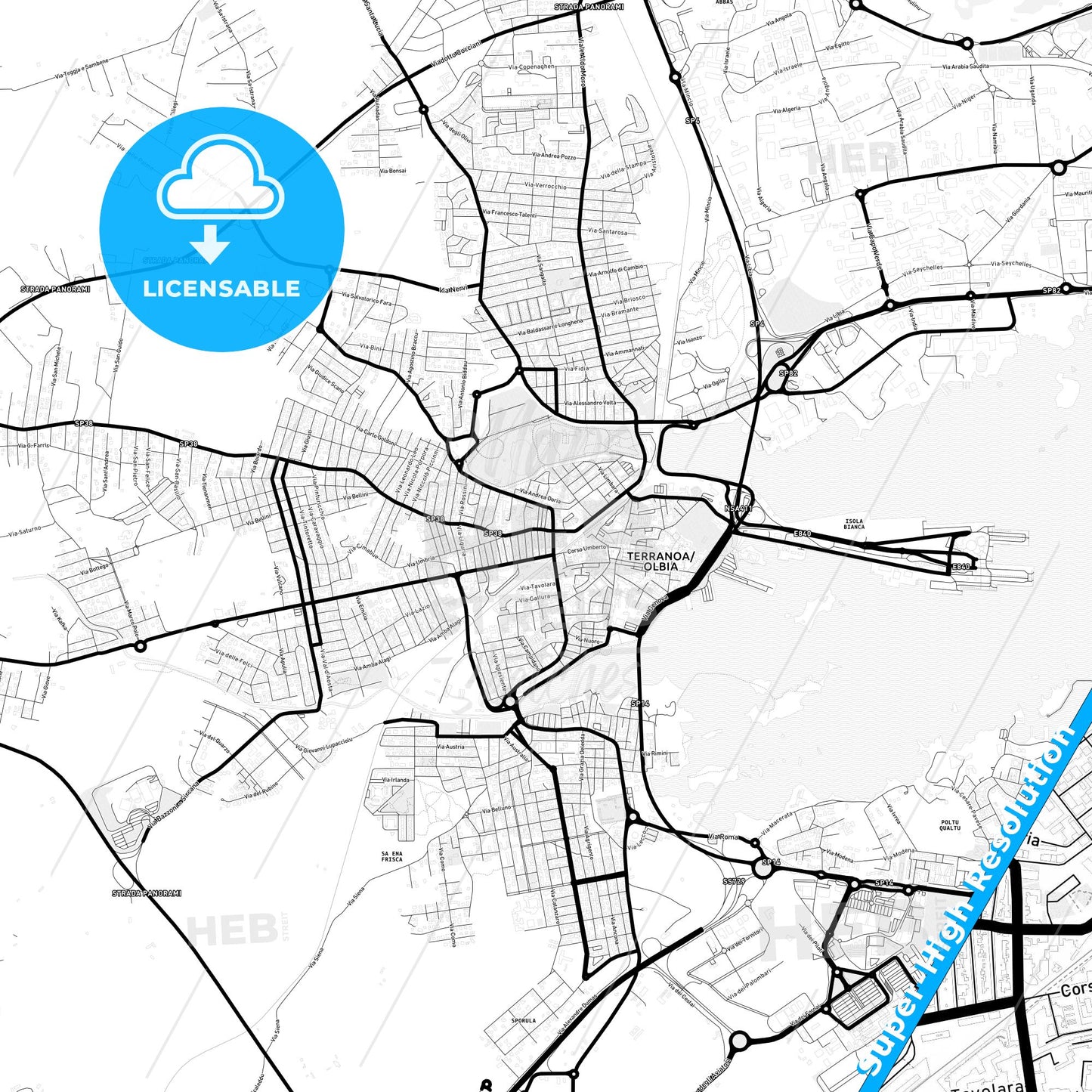 Olbia, Italy Light Map with Street Names, City Names, and Districts