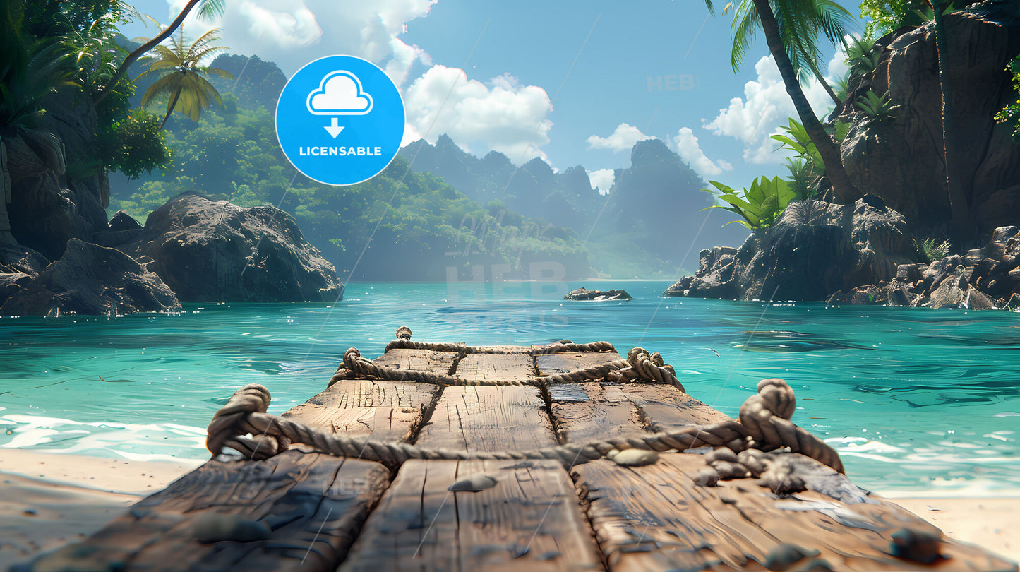 Artistic Wooden Plank Tied with Rope on Tropical Beach Background: Vibrant Painting Focus