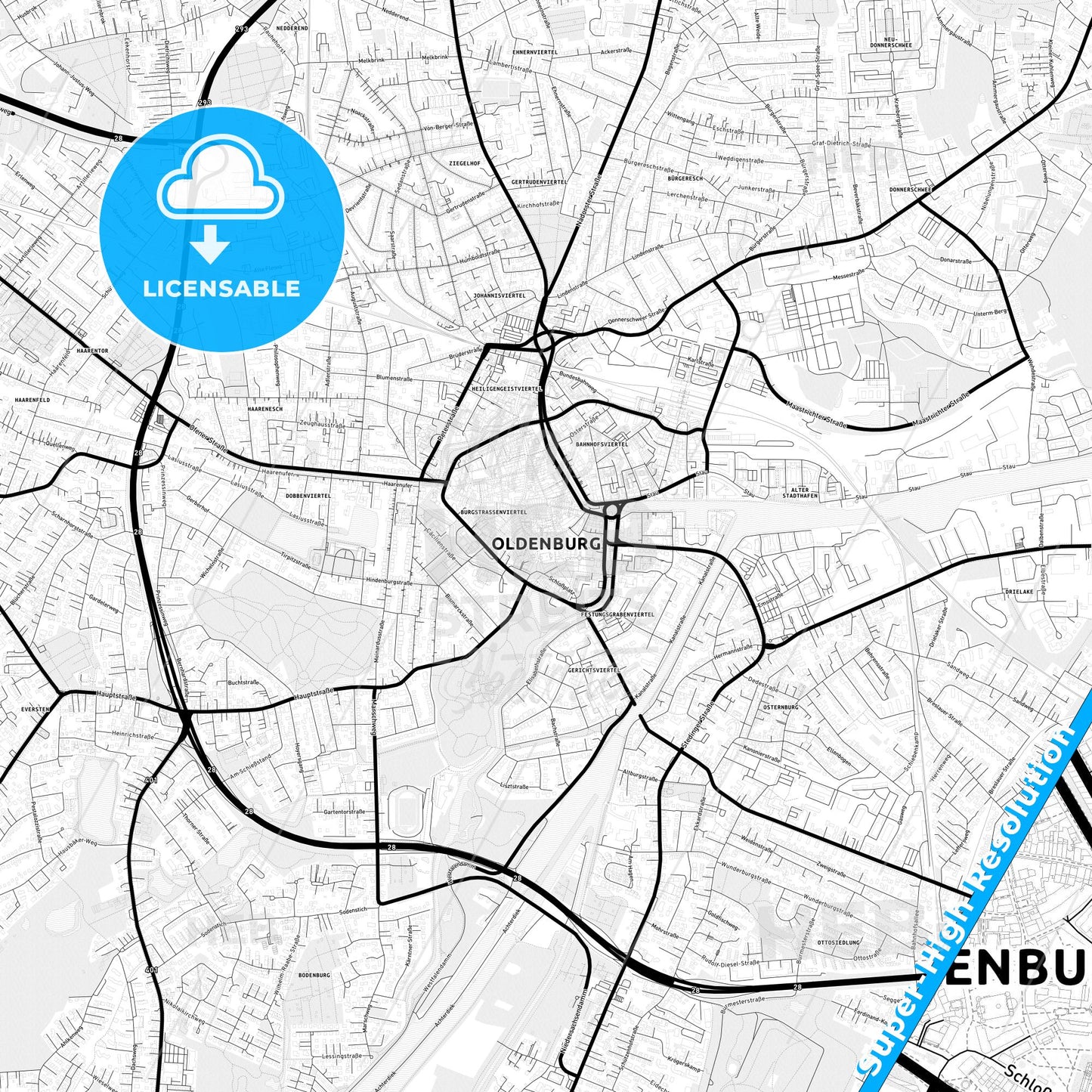 Oldenburg, Germany Light Map with Street Names, City Names, and Districts