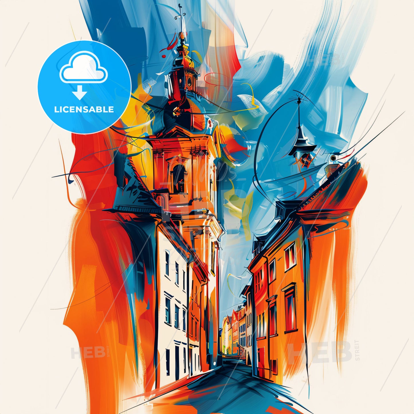 Vibrant Oldenburg, Germany - A Painting Of A Street With Buildings And A Tower