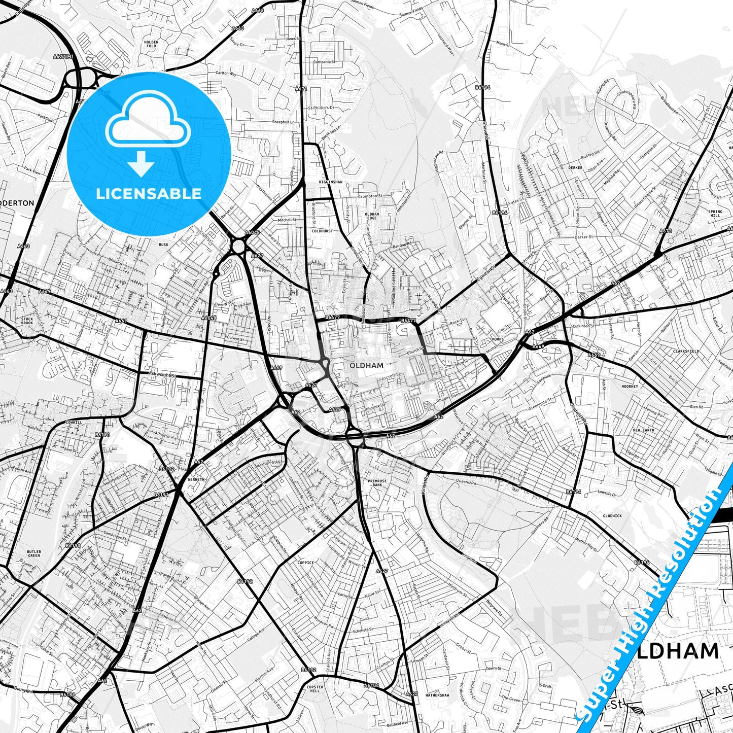 Oldham, England Light Map with Street Names, City Names, and Districts