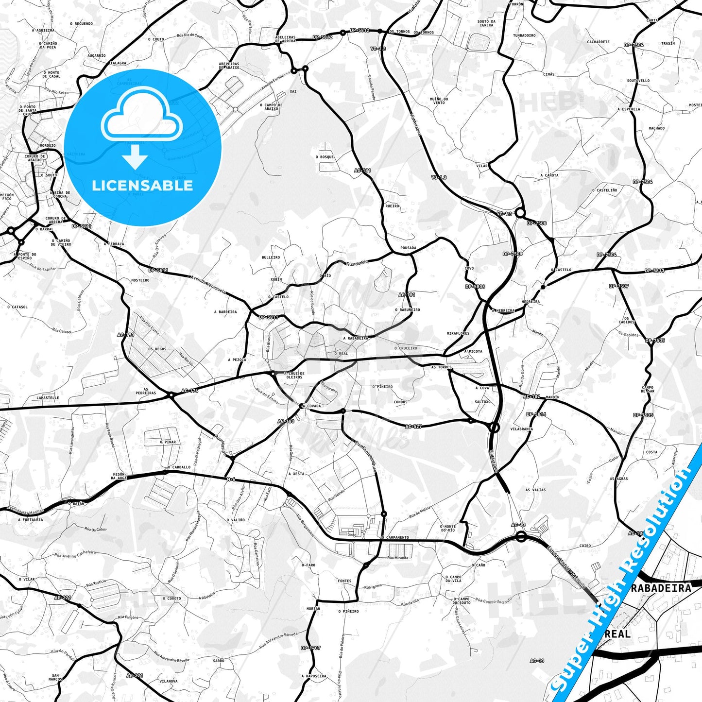 Oleiros, Spain Light Map with Street Names, City Names, and Districts