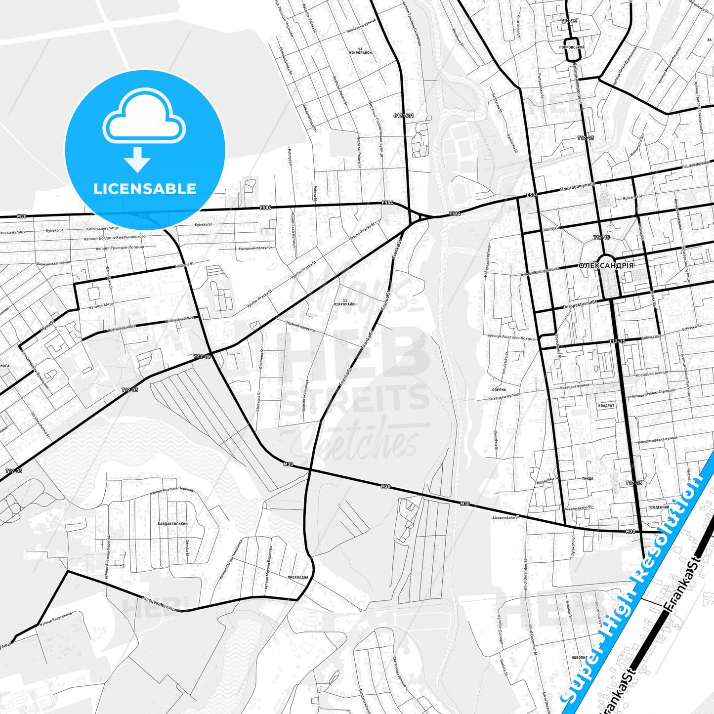Oleksandriia, Ukraine Light Map with Street Names, City Names, and Districts