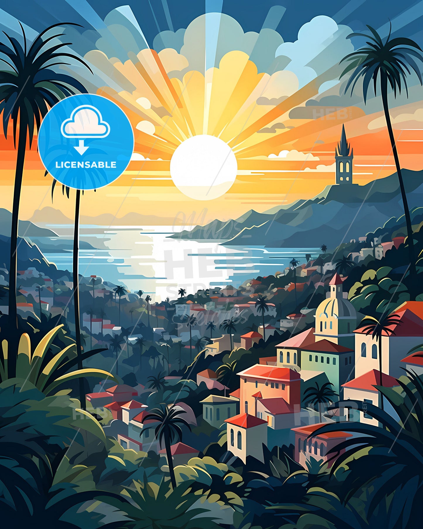 Olinda Brazil Cityscape Oil Painting, Sunset Palm Trees Landscape, Latin America Travel Destination