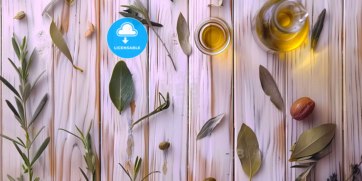 Artistic Olive Oil Painting: Vibrant Leaves and Oil Still Life for Home Decor and Culinary Themes