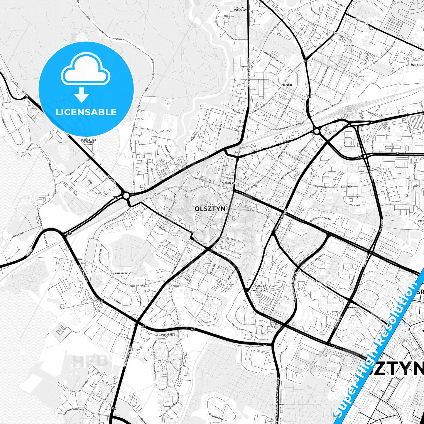 Olsztyn, Poland Light Map with Street Names, City Names, and Districts