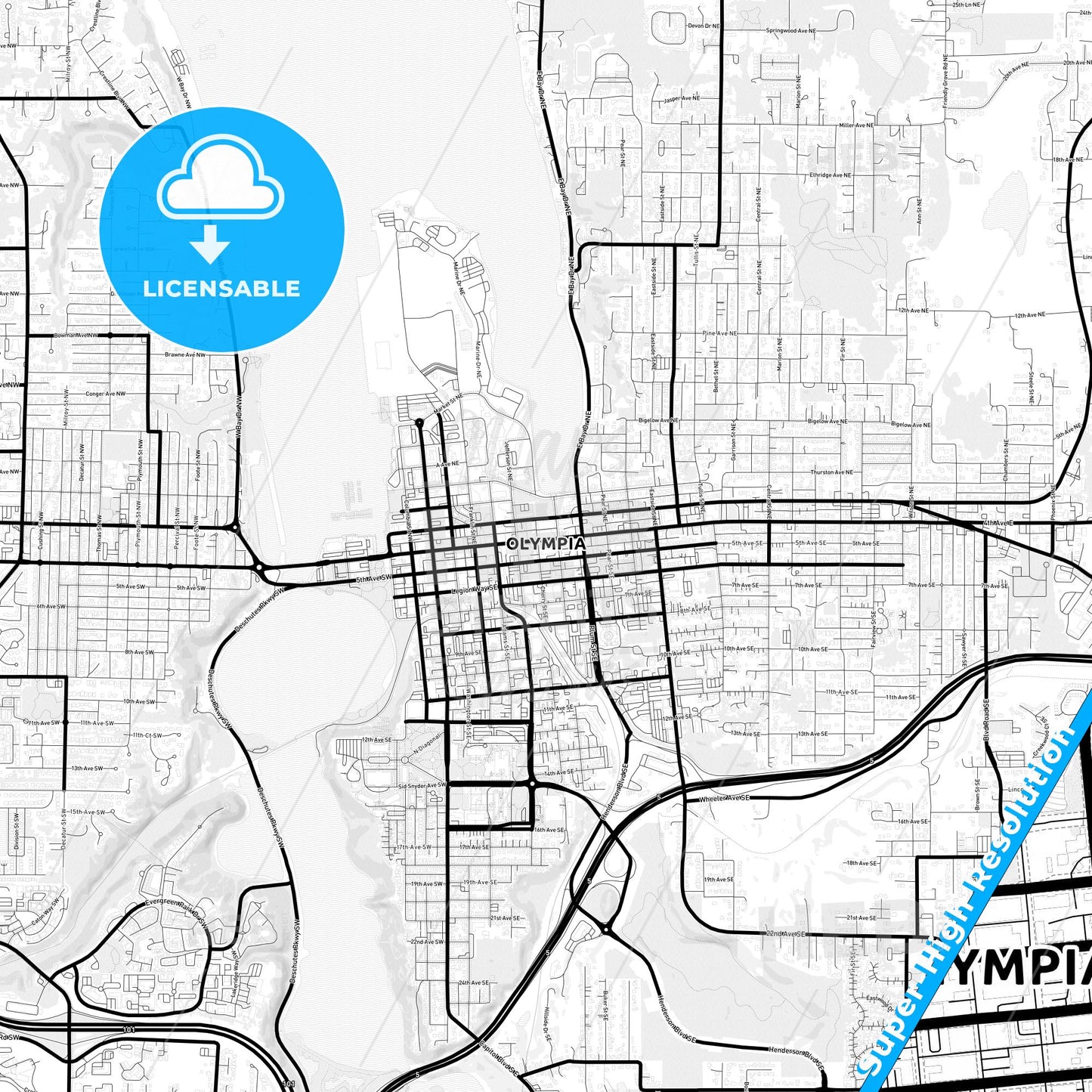 Olympia, Washington Light Map with Street Names, City Names, and Districts