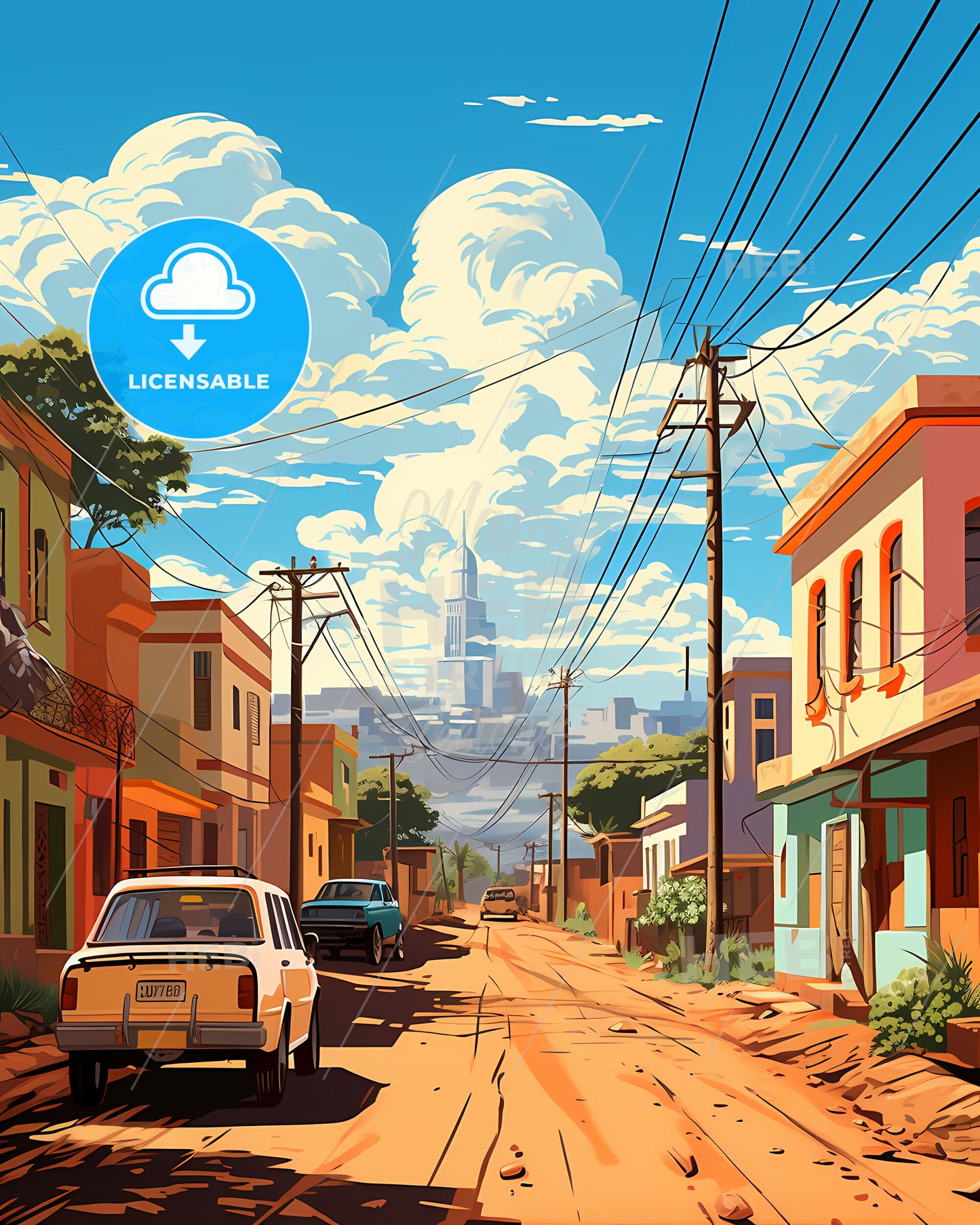 Omdurman Skyline Painting - Colorful Urban Art with Cars and Buildings