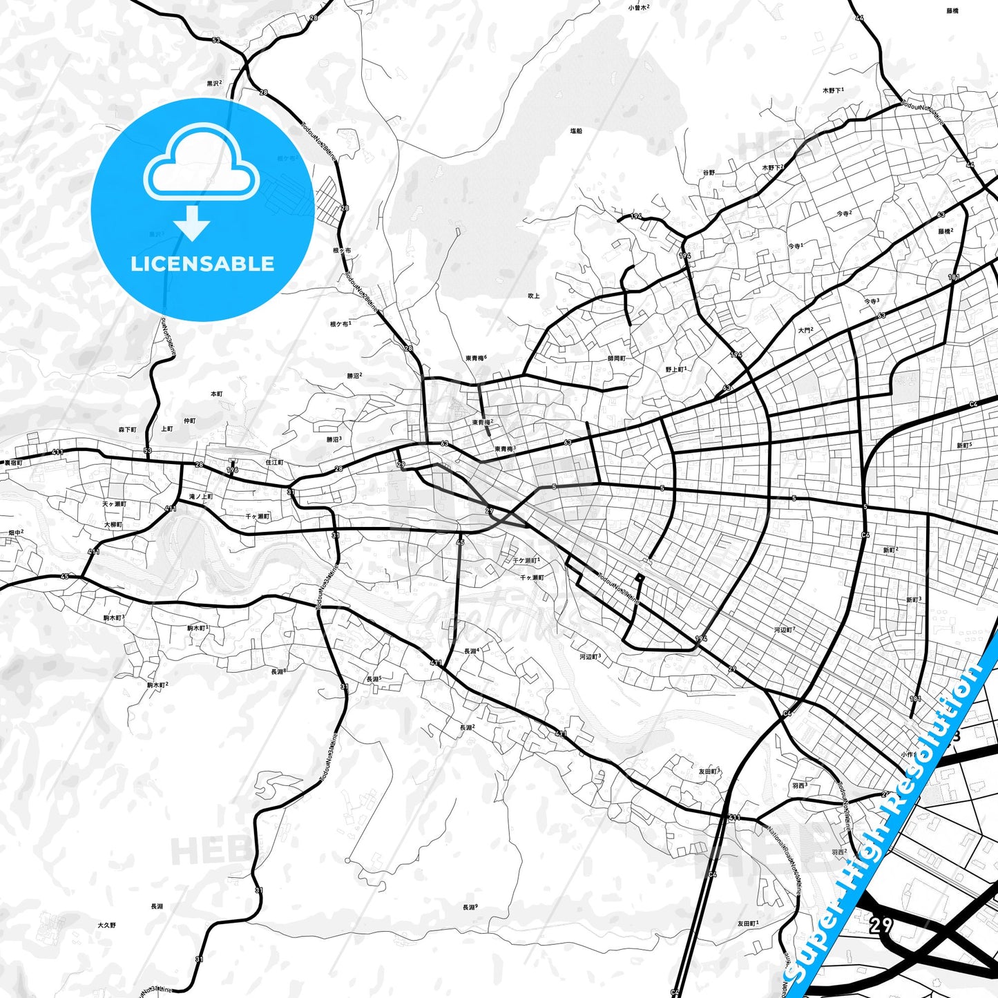 Ōme, Japan Light Map with Street Names, City Names, and Districts
