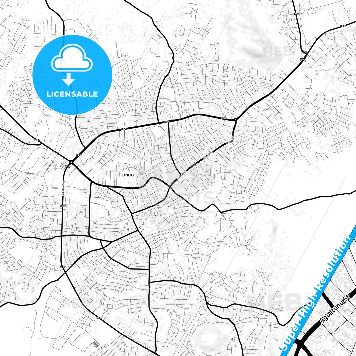 Ondo, Nigeria Light Map with Street Names, City Names, and Districts