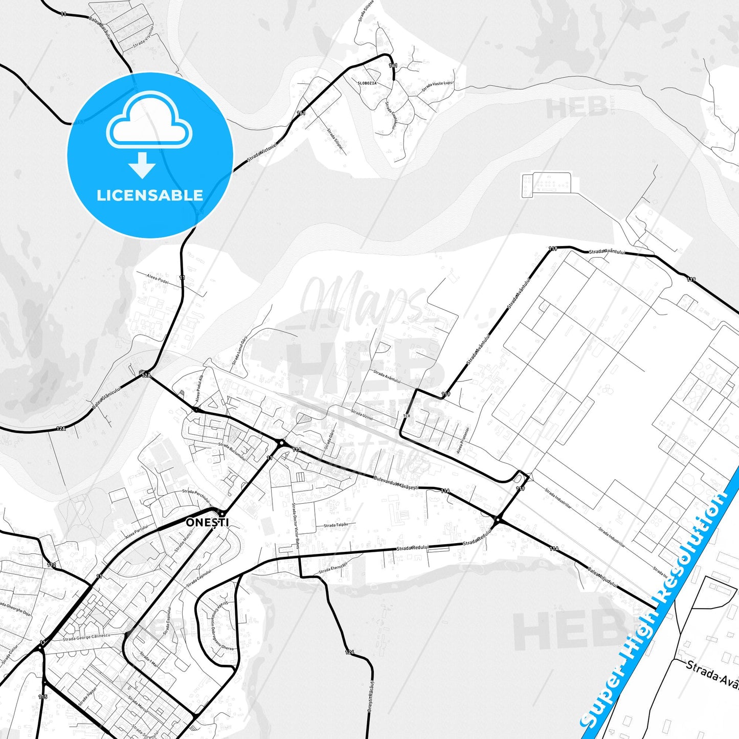 Onești, Romania Light Map with Street Names, City Names, and Districts
