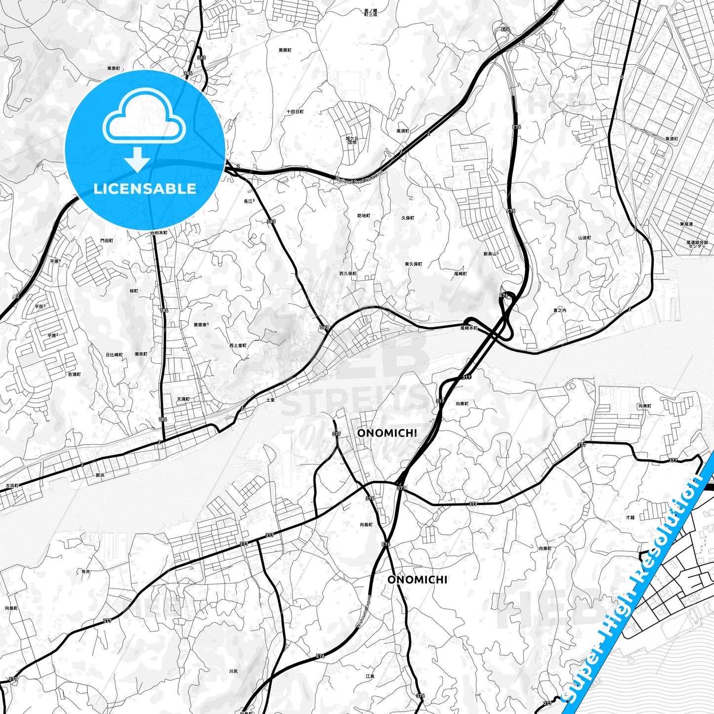 Onomichi, Japan Light Map with Street Names, City Names, and Districts