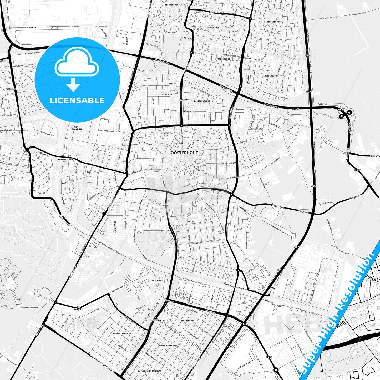 Oosterhout, Netherlands Light Map with Street Names, City Names, and Districts