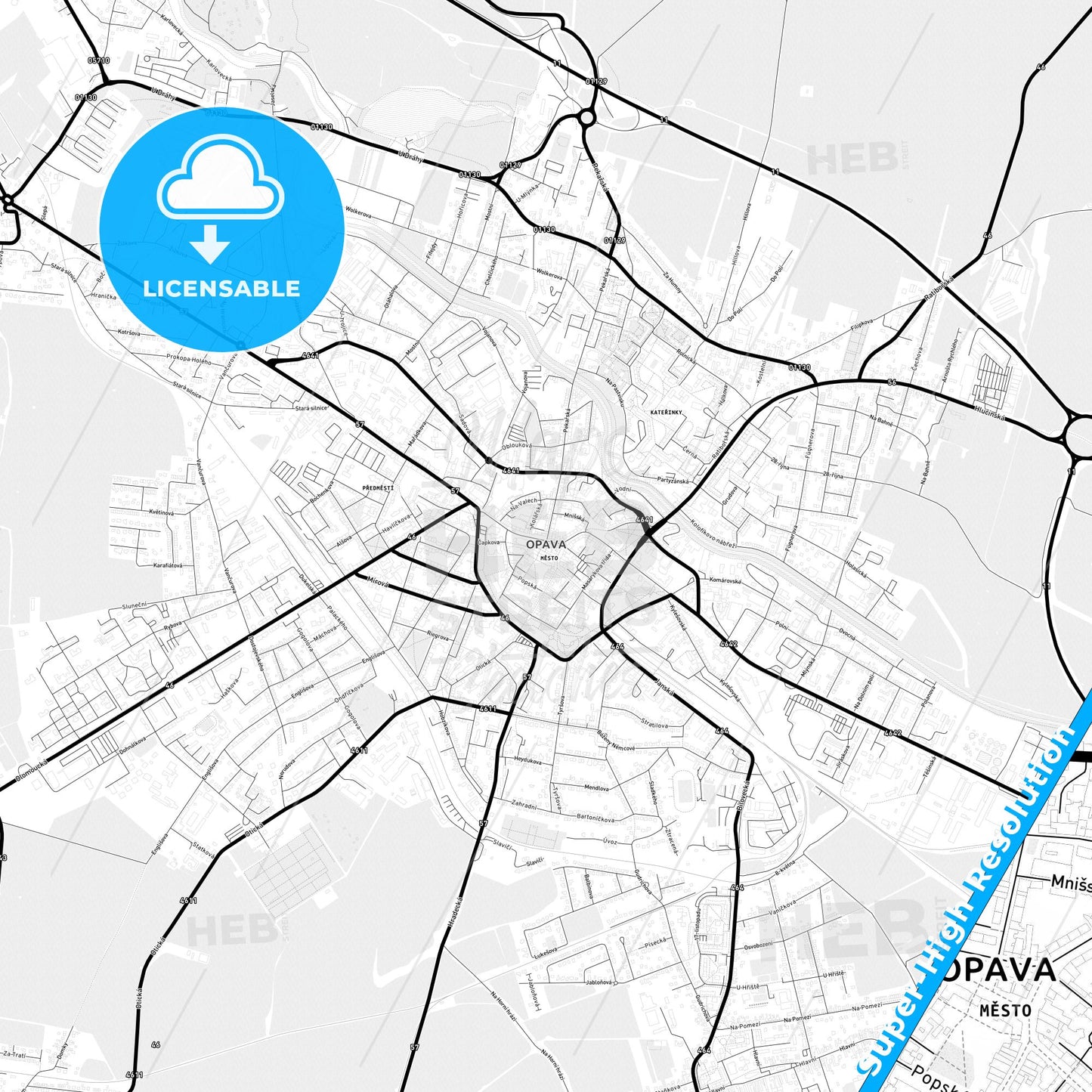 Opava, Czechia Light Map with Street Names, City Names, and Districts