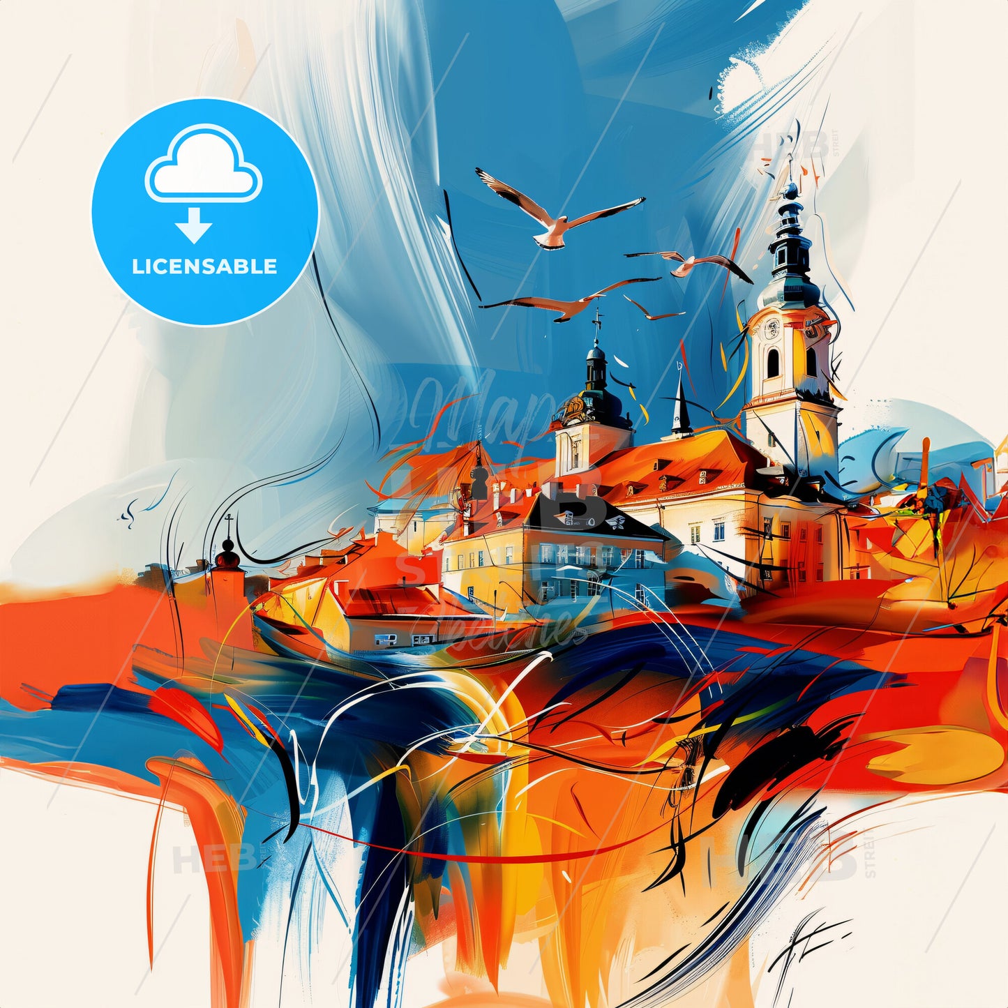 Vibrant Opole, Poland - A Painting Of A Town With Birds Flying
