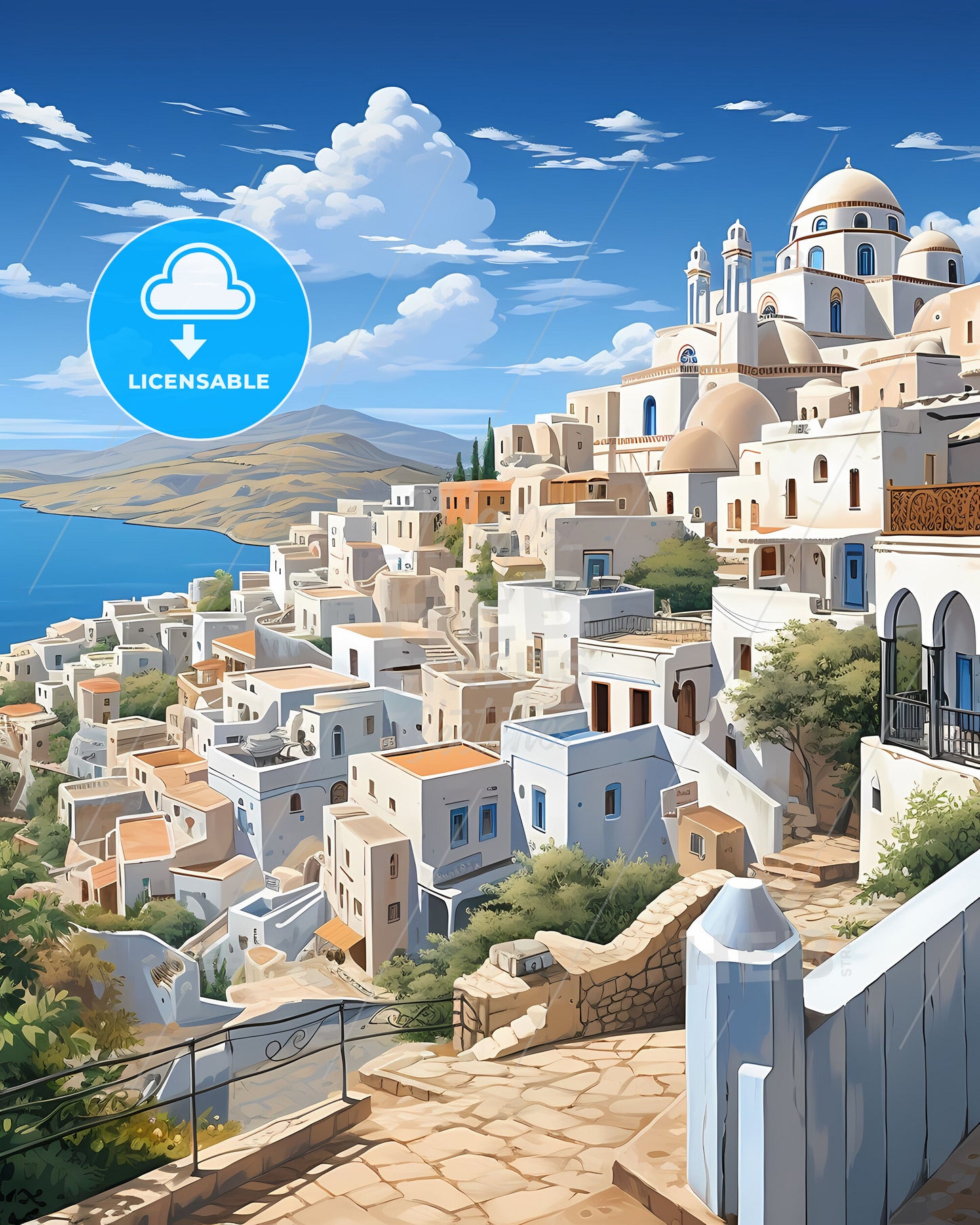 Vibrant Oran Algeria Skyline Painting Depicting White Buildings on a Hill by the Water