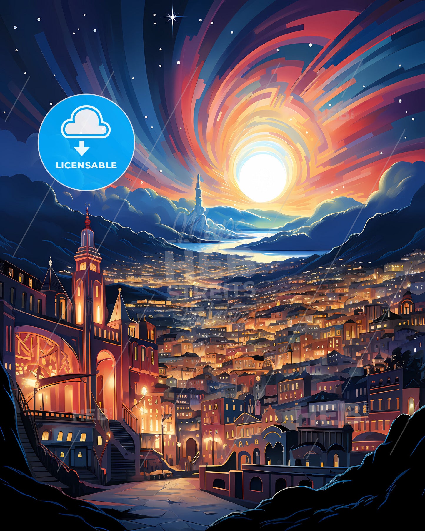 Colorful Oran Algeria Skyline Painting with Vibrant Urban Landscape