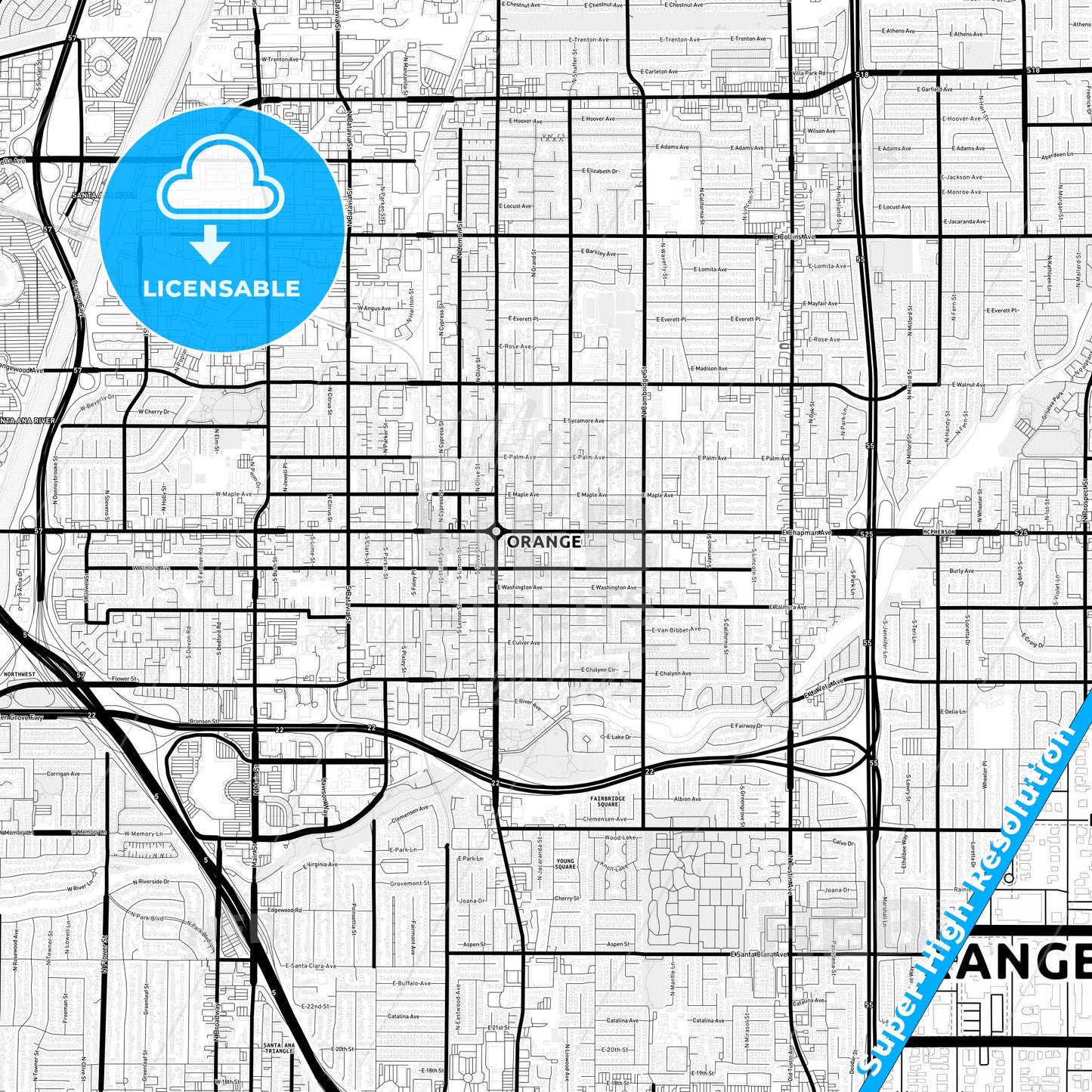 Orange, California Light Map with Street Names, City Names, and Districts