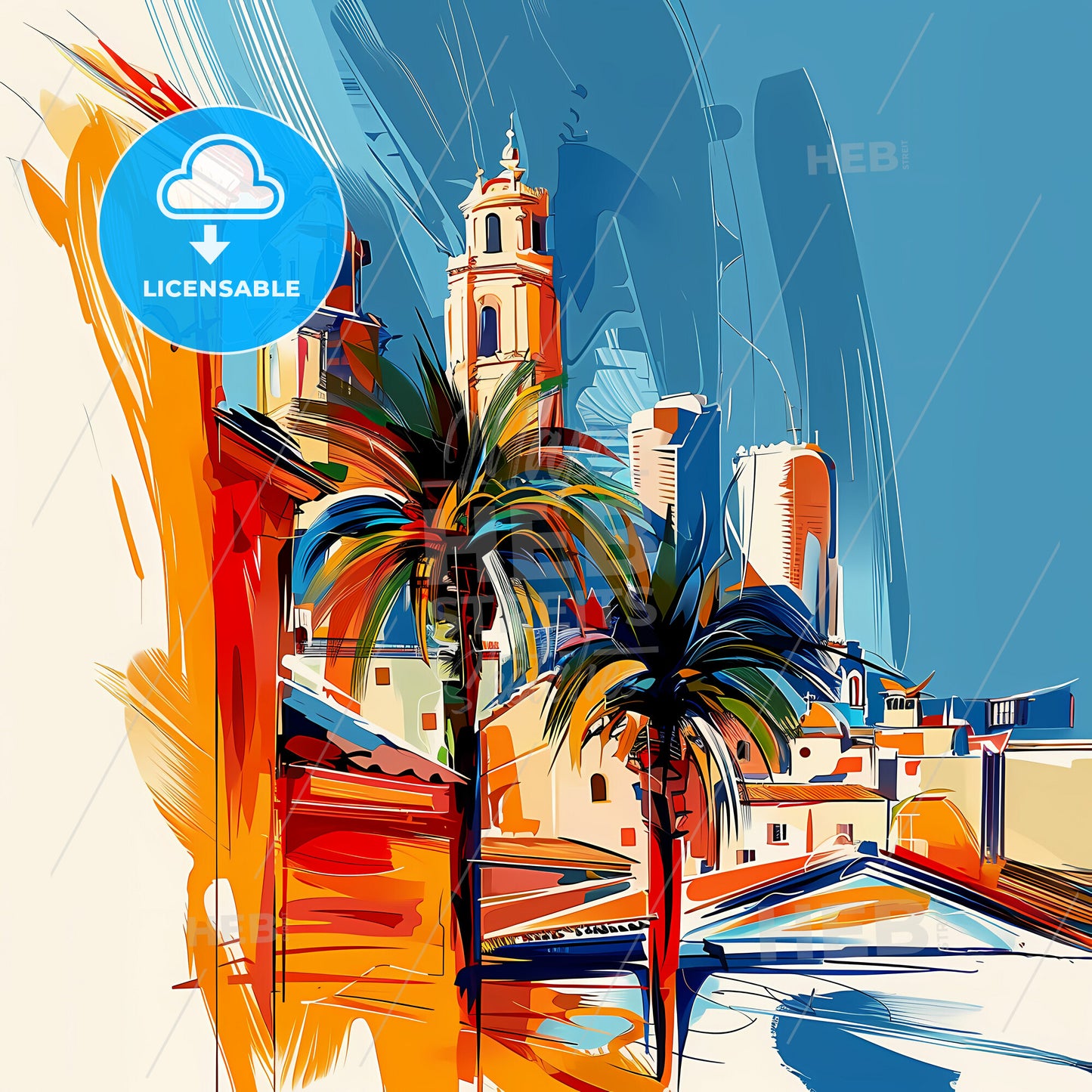 Vibrant Orange, California - A Painting Of A City With Palm Trees