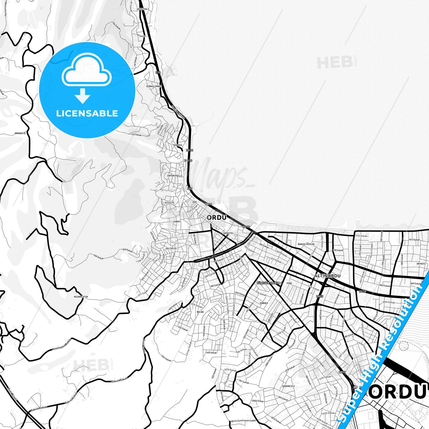 Ordu, Turkey Light Map with Street Names, City Names, and Districts
