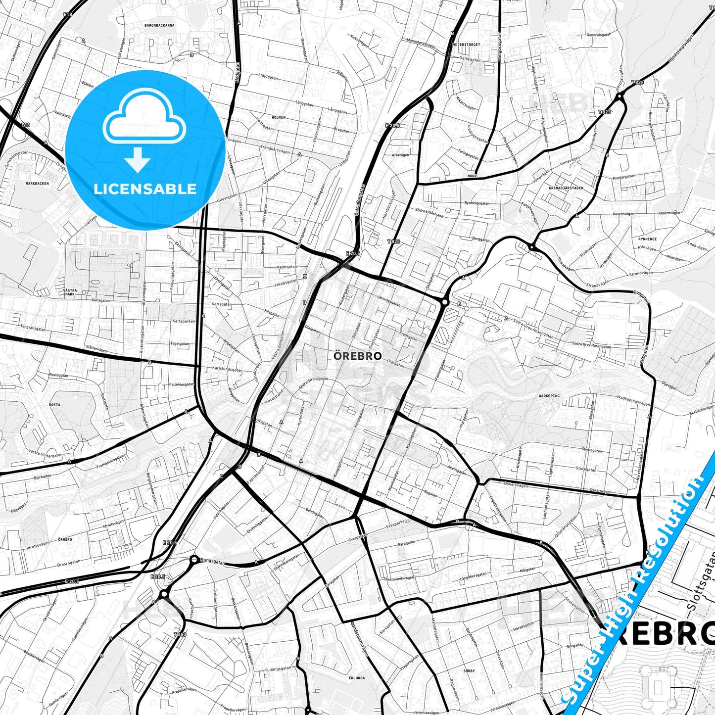 Örebro, Sweden Light Map with Street Names, City Names, and Districts