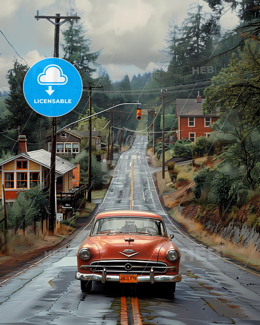 Artistic Car Depiction on Road, Oregon, USA: Vibrant Painting