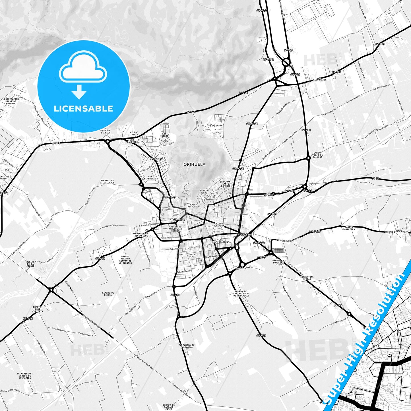 Orihuela, Spain Light Map with Street Names, City Names, and Districts