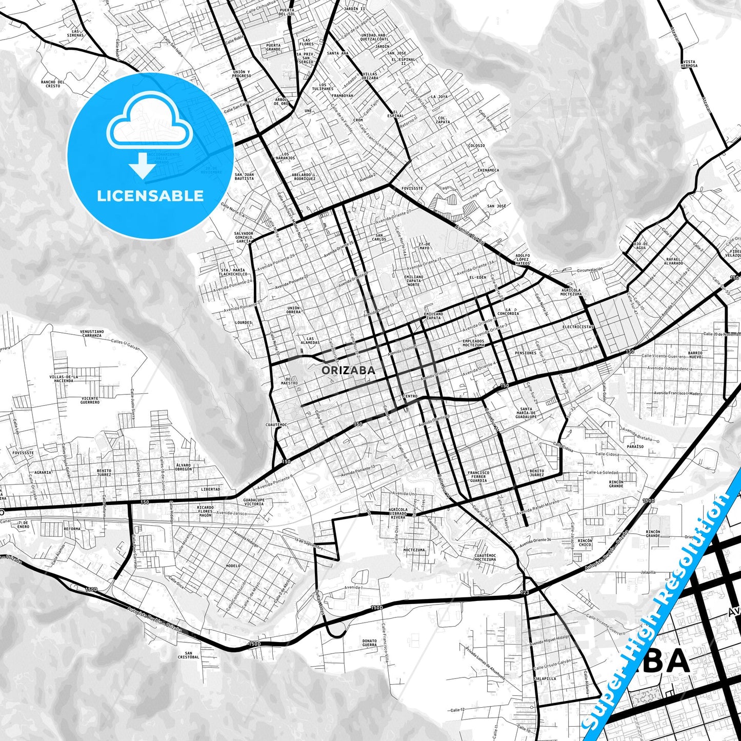 Orizaba, Mexico Light Map with Street Names, City Names, and Districts