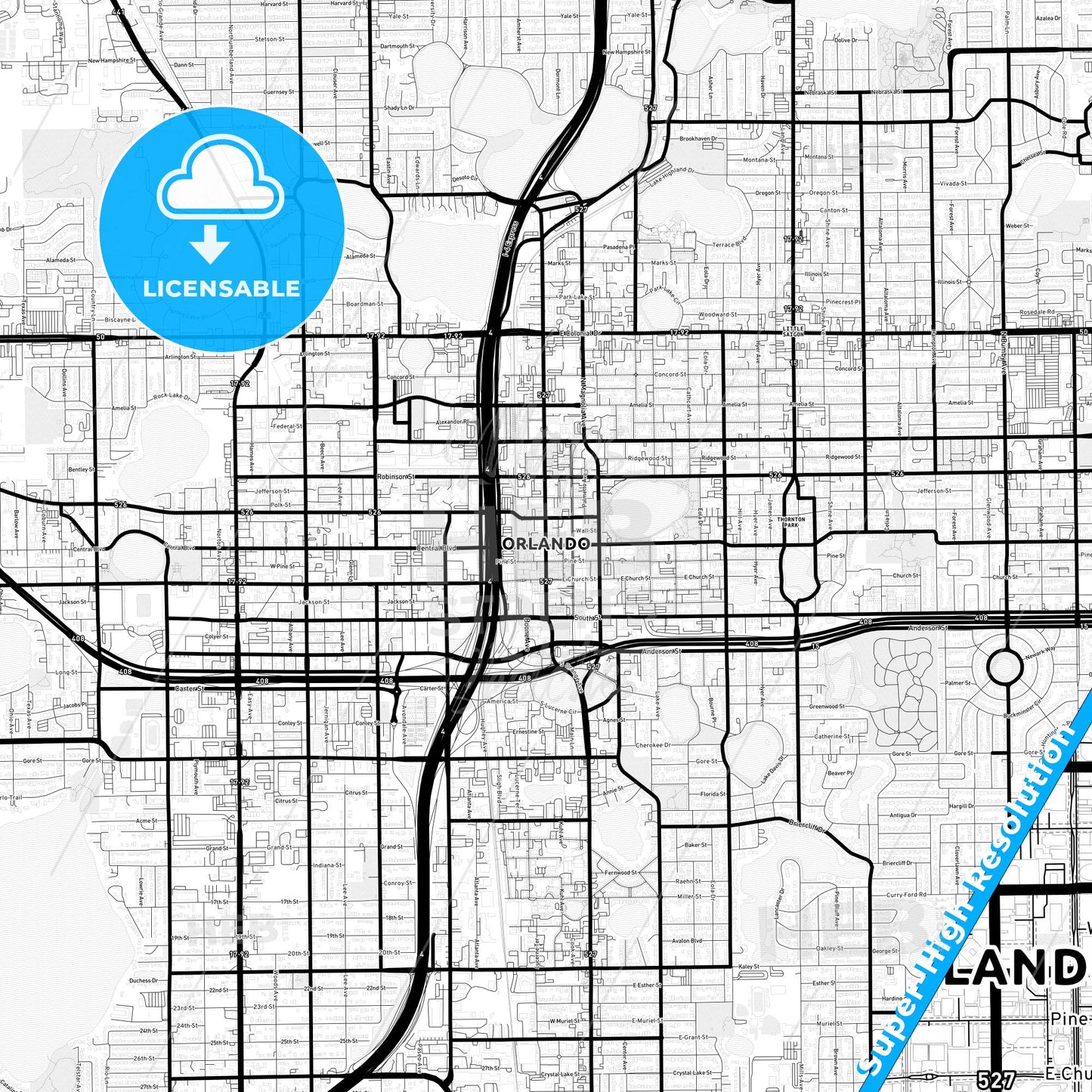 Orlando, Florida Light Map with Street Names, City Names, and Districts