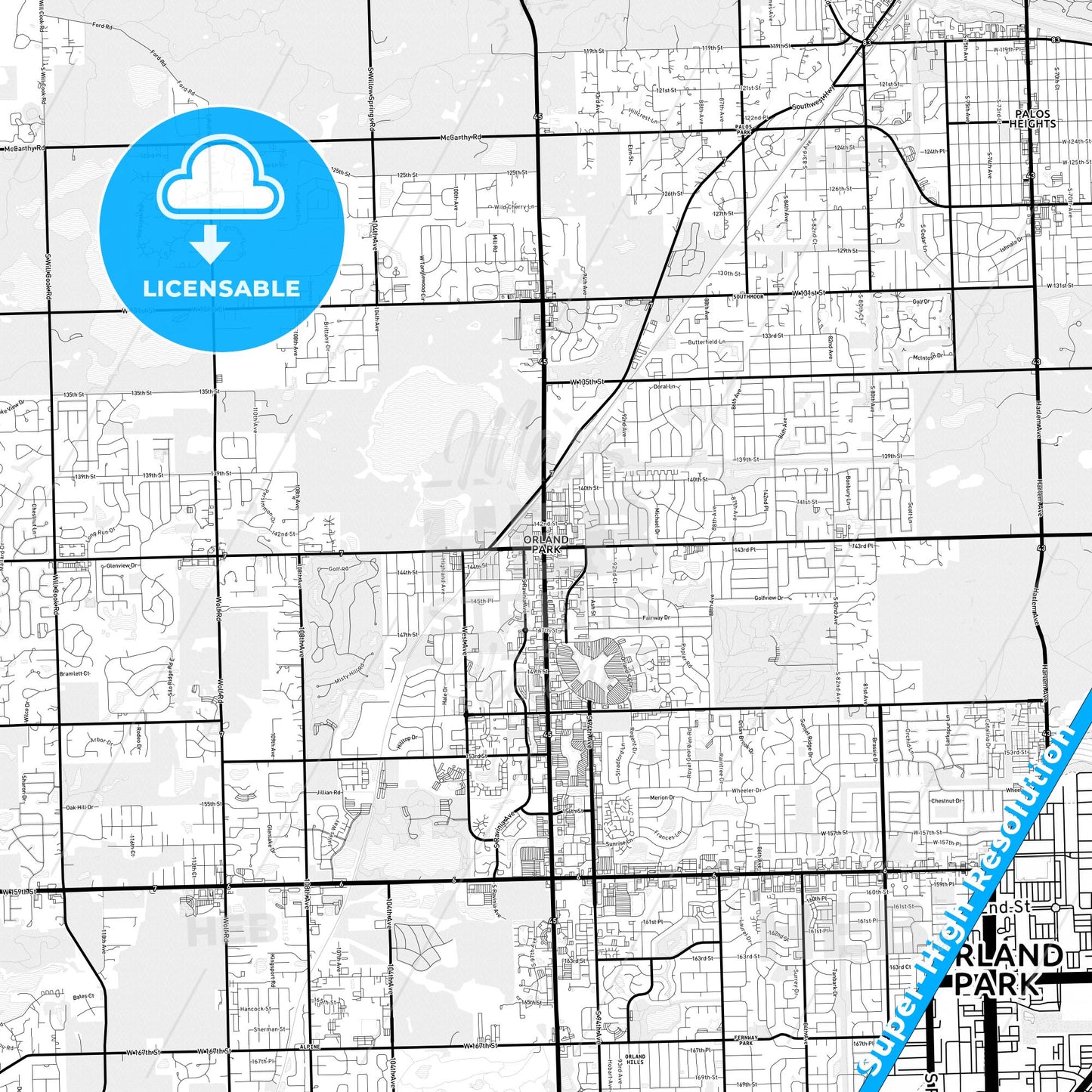 Orland Park, Illinois Light Map with Street Names, City Names, and Districts
