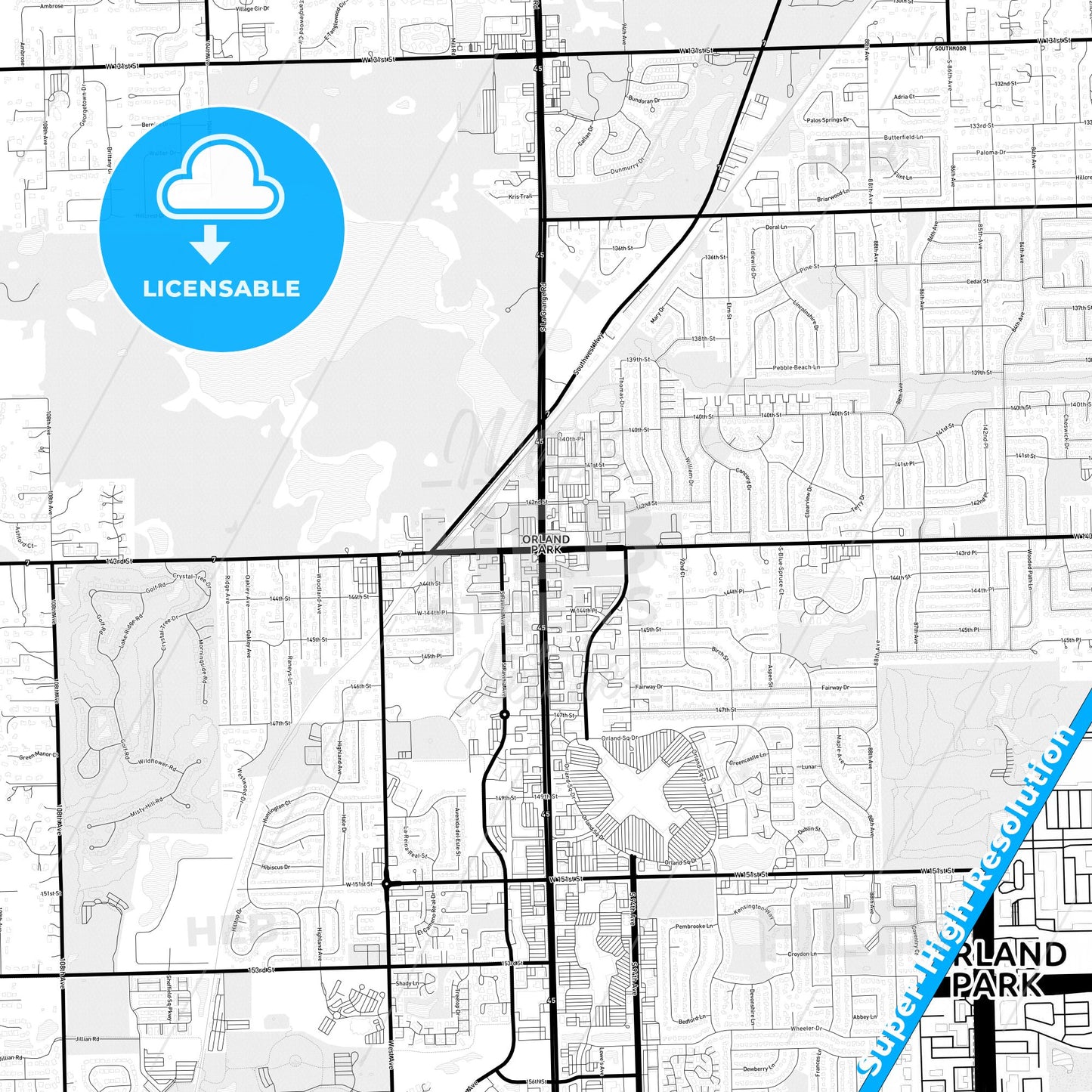 Orland Park, Illinois Light Map with Street Names, City Names, and Districts